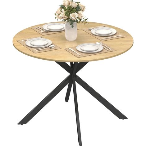 CHICFURN Tavolo da pranzo rotondo 100 cm stile industriale rovere, acciaio nero, 4 persone (1/5)