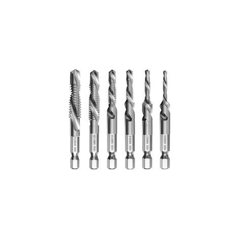 Lot de 6 Forets Taraudeurs Combinés M3 M4 M5 M6 M8 M10 avec Tige Hexagonale 6 mm, Kit Taraudage, Taraud Machine, Revêtement Antirouille, pour Perçage et Taraudage Simultané, Outils Multifonction