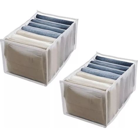 Lot de 2 boîtes de rangement blanches à 7 compartiments pour pantalons, avec séparateurs. Organisateur de placard. (1/5)