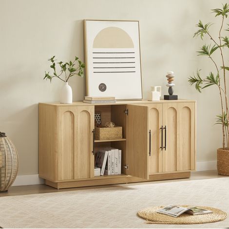 MEUBLIV Meuble TV 160 x 40 x 80 cm bois clair – 4 portes, rangement généreux (1/5)
