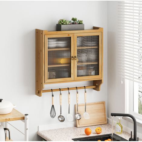 Armario de pared 63x60x18 cm color natural en madera maciza y MDF con vidrio acanalado y toallero (1/5)