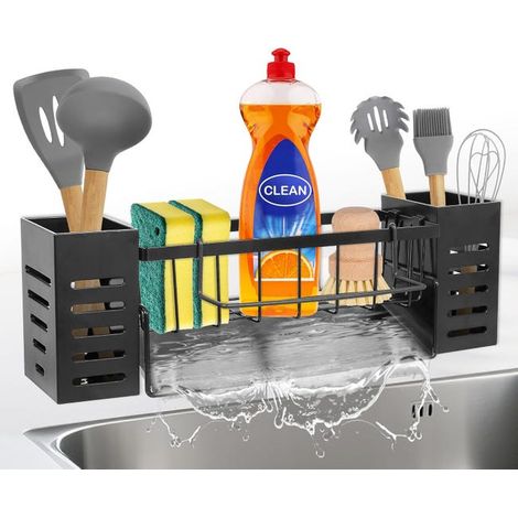 Black kitchen sink storage rack – stainless steel – no drilling required – wall-mounted sponge rack (with 2 hanging baskets) (1/4)