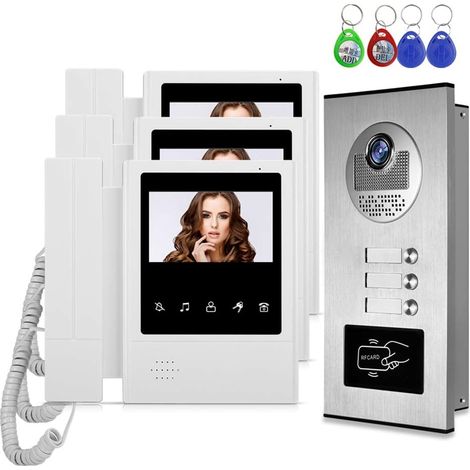 4,3 '' Caméra vidéo pour système d'interphone de Porte vidéo + 3 moniteurs + pour 3 Appartements/familles, Night Vision, 2 Way Audio, Card Unlock (1/5)