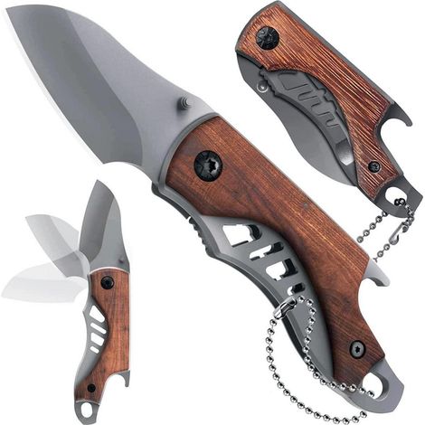 Couteau de poche couteau pliant manche en bois avec décapsuleur & brise-vitre pour camping en plein air
