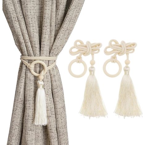 Sujetadores de cortinas de cuerda de algodón, aptos para cortinas decorativas tanto de interior como de exterior elegantes clips decorativos con borlas para cortinas, paquete de 4 unidades, color beig (1/4)