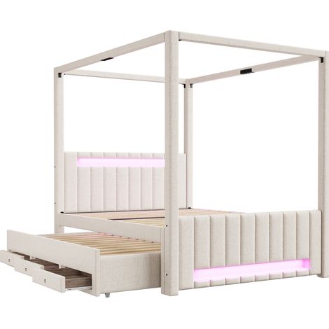 Cama con dosel tapizada 140 x 200 cm con cama nido, 3 cajones y LED beige (1/5)