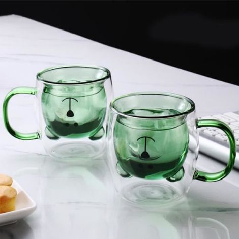 Tasse de Café Double Paroi, Coupe en Verre Sapin Noël en Verre Petit ours Motif Le Lait Coupe Cadeau (Vert Bear) (1/4)