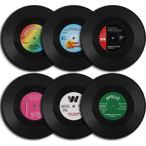 6 pièces sous-verres vinyle rétro avec motif CD, antidérapants, lavables au lave-vaisselle, pour boissons froides et chaudes (1/4)