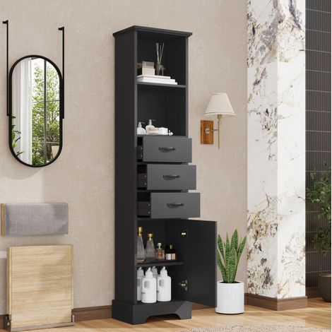 Colonna bagno 38x26x172.5 cm nera in MDF laccato con 3 cassetti, ripiani regolabili e anta (1/5)