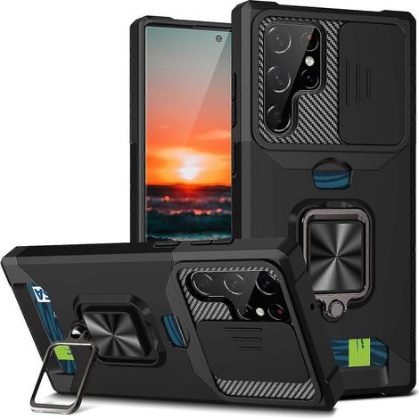 Étui de protection renforcé Armor pour Samsung Galaxy S23, S23+ et S23 Ultra, avec cache-objectif coulissant et support magnétique - Noir (1/4)