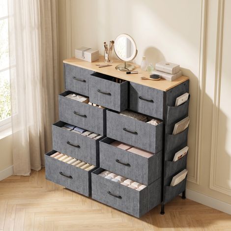 Commode de rangement 9 tiroirs avec poches latérales et crochets, 100x30x100cm, meuble d'appoint en tissu non tissé pour chambre salon couloir, Gris (1/5)