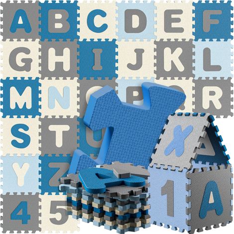 Spielwerk® 86-teilige Puzzlematte Baby Kinder 3,3m² Spielmatte Bodenschutzmatte Krabbelmatte Buchstaben Zahlen ABC Lernteppich XXL Schaumstoff  Blau