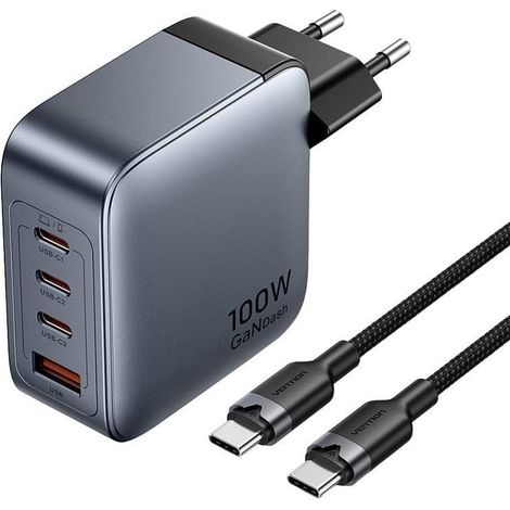 Chargeur Vention 100 W GaN, 1 port USB-A, 3 ports USB-C + câble USB-C vers USB-C de 1 m (1/3)
