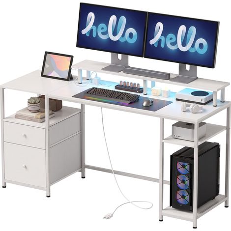 Bureau avec LED, tiroirs, prises, ports USB et support écran 155,5x48x88,5 cm Blanc (1/5)