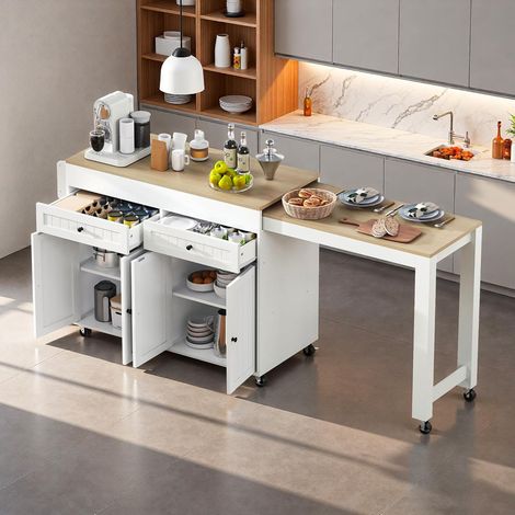 îlot de cuisine extensible sur roulettes 112-180.5x45x92.2 cm,îlot de cuisine mobile avec plan de travail et tiroirs,Table de bar(Blanc+Naturel)