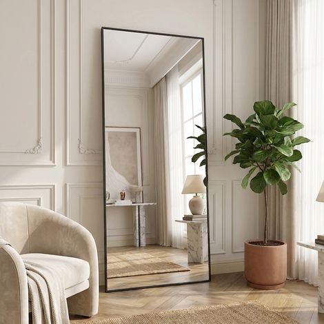 ADWOLT Miroir sur Pied 177x77 cm,Miroir de sol, Grand Miroir Mural,Cadre en Aluminium ,Verre Trempé ,Pour Salon,Chambre,Noir