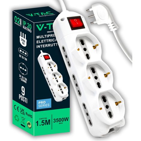 V-TAC Multipresa Elettrica 9 PRESE con Interruttore e Cavo 1,5mt - 6 Prese Laterali 10/16A Bipasso e 3 Frontali 10/16A Bipasso Shuko - Presa per Casa, Ufficio, Negozio - Ciabatta - Spina 16A (1/5)