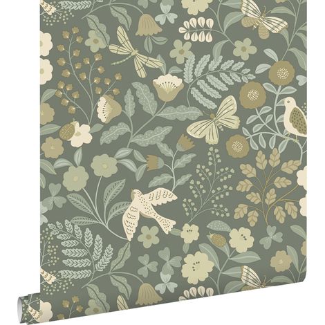 papier peint fleurs et oiseaux vert grisé - ESTAhome (1/5)