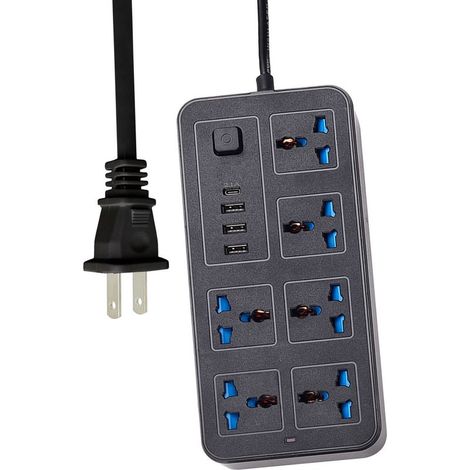 Multiprise Électrique 6 Prises AC, 3 Ports USB, 1 Port USB-C, 1.8m Cordon, Noir Frosted, ABS, Bouton ON/OFF, Indicateur Lumineux (1/5)