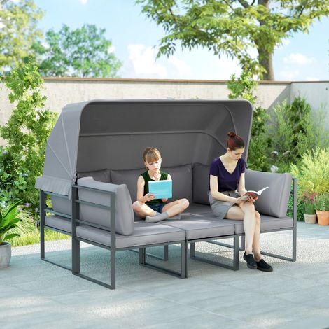 Modulares 4-teiliges Gartenmöbelset mit Sofa, Sessel und Couchtisch aus gehärtetem Glas, inklusive Kissen, grau