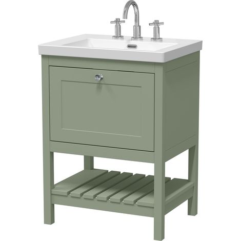 Coppenhall Contemporary 1 Drawer Floor Standing Vanity Unit with Fireclay Basin, Fern Green, 600mm (1/4)