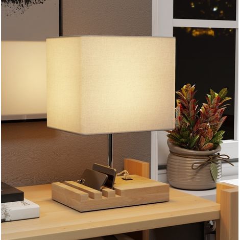 Lámpara de mesita USB de madera y tela, blanca, casquillo E27, con almacenamiento OKMYHOME (1/5)