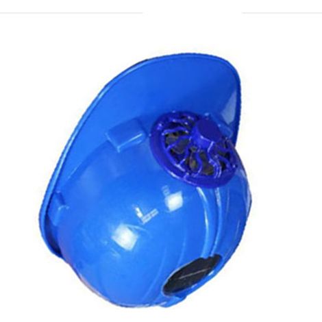 Casque de chantier solaire bleu avec ventilateur frontal, protection respirante anti-UV, ombrage extérieur été, taille réglable, sécurité travaux. (1/5)