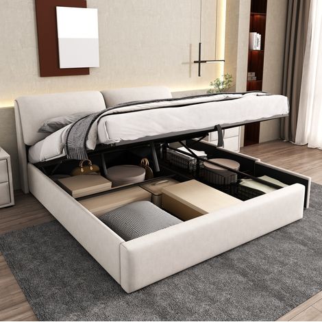 MODFU – Lit adulte coffre hydraulique 180x200 cm velours – 3 tiroirs et tête de lit réglable – Charge 300 kg, 4 colis – Chambre – Beige (1/5)