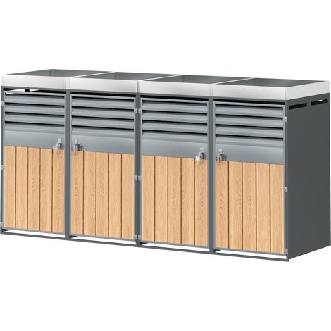 Armoire de rangement extérieur à 4 portes avec compartiments poubelles et jardinière, acier galvanisé et ventilation lamellée (1/5)