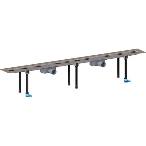 Grondaia inox per docce, notevolmente piatta, per installazione in piano, con 2 attacchi DN50, kit per il montaggio e protezione