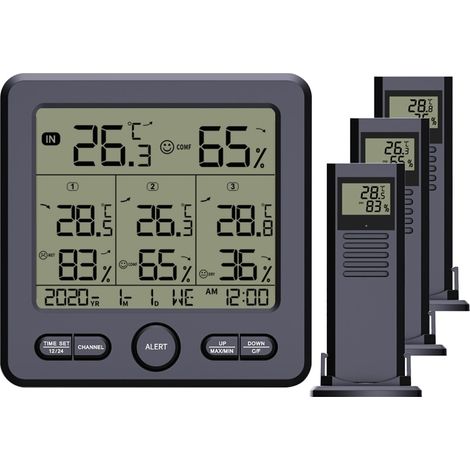 Thermohygromètre numérique d'intérieur sans fil avec grand écran et alertes couleur TS-6210-W (noir) (1/5)