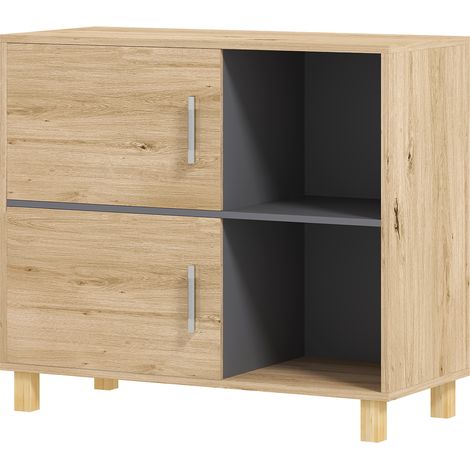 Meuble de salle de bain, meuble de rangement avec compartiments ouverts et placard, dim. 80 x 35 x 70 cm, bois naturel (1/5)