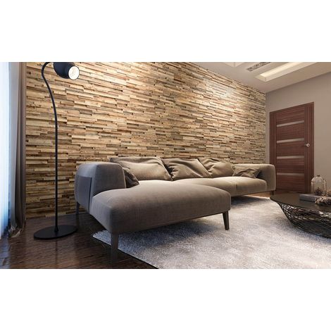 Panneau Mural Bois 3D A Priori - Vieux Bois Brossé Recyclé - Relief Naturel Patiné - 72x10cm Ép.18-28mm - 1m²/14 Panneaux