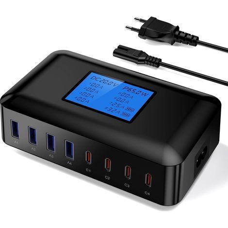 Station de charge USB-C à 8 ports, chargeur multiprise USB GaN, charge rapide PD/QC 65 W, affichage LED pour MacBook, iPhone 15, 14 Pro Max, 13, 12, 11, iPad et Samsung. (1/5)