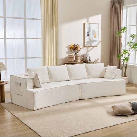Sofá modular curvo, asiento profundo, espuma de alta elasticidad con muelles, terciopelo blanco (1/5)
