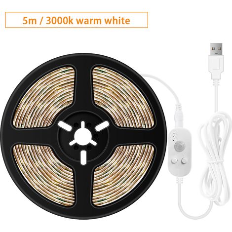 Dimmbare LED-Lichtleiste mit USB-Anschluss, PIR-Bewegungsmelder, 5 m, 300 LEDs, für TV, Computer, Desktop-Hintergrundbeleuchtung, Küche und mehr – ideal als dekorative Beleuchtung. (1/5)