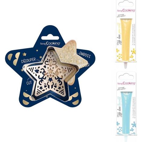 Kit pour biscuit en relief Étoile + 2 Stylos au chocolat jaune pastel et bleu pastel (1/2)