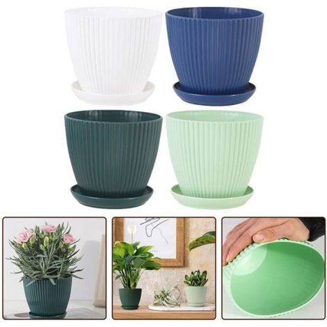 Pot De Fleurs - Résine Plastique Épaissie - Diamètre 998 Cm - Rayures Verticales - Blanc - Avec Plateau (1/5)