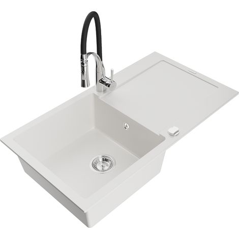 Mexen Leo lavello in granito 1-vasca con scolapiatti e miscelatore da cucina Aster, bianco - 6501-20-73450-07 (1/5)