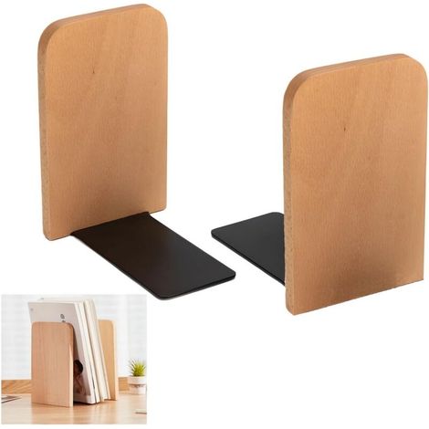 Bardusch-Lot de 2 serre-livres bois hêtre, antidérapants, pour maison, école, bibliothèque, bureau, rangement livres (1/4)
