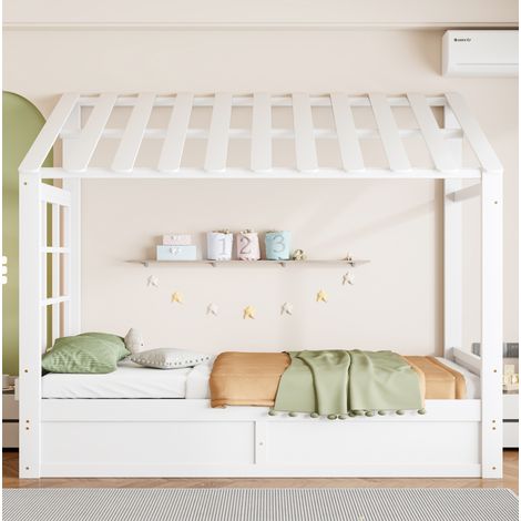 Lit cabane enfant 90 x 200 cm avec toit, fenêtre et rangements, blanc (1/5)