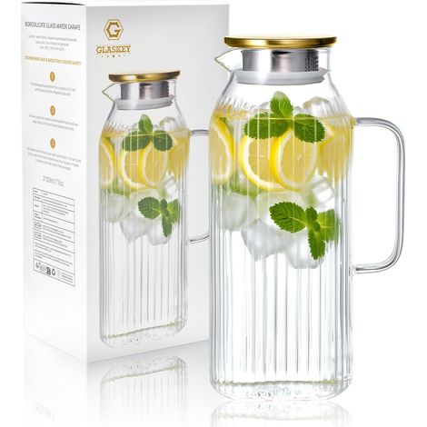 2.1 Litre Carafe en Verre avec Couvercle et Anse, Carafe Eau Classique Rayée avec Poignée pour le Réfrigérateur, Pichet à jus Anti-fuite, pour Boisson Maison,thé Glacé,Vin,Café,Lait (1/5)