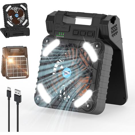 Ventilateur de Camping avec LED, Portable Ventilateur Extérieur pour Tente avec Lumière USB Rechargeable 90°Pliable 4 Vitesses Solaire Ventiladores de Camping pour Pêche Randonnée Voyage (1/5)