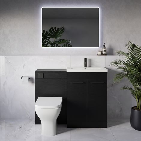Napoli 390 Nero Oak 1100mm 2 Door Vanity Unit Toilet Suite with Glide Basin - 1100mm - Gunmetal Grey 160mm HandleWith Kingston Toilet Pan and Seat