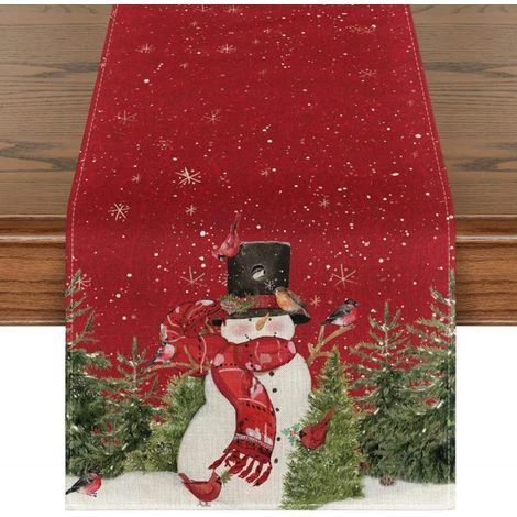 Weihnachtstischläufer mit rotem Schneemann-Motiv, winterliche Dekoration, Weihnachten, frohe Feiertage, Küchentischdecke, 91 cm lang, geeignet für Familienfeiern im Freien, 33 x 91 cm
