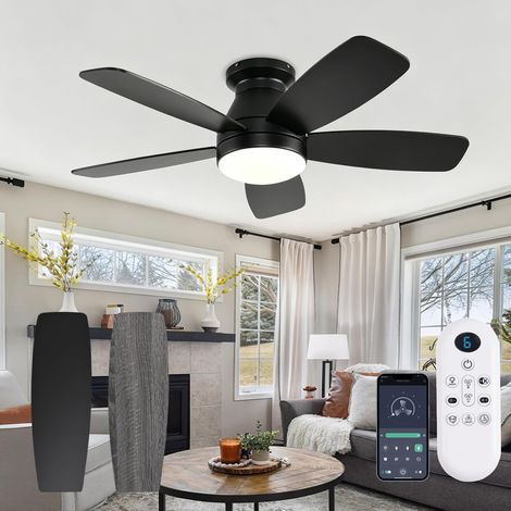 109cm Flush Mount Ceiling Fan with Light, Remote & APP Control, 6-Speed Quiet DC Motor, Dimmable LED, Black (1/5)