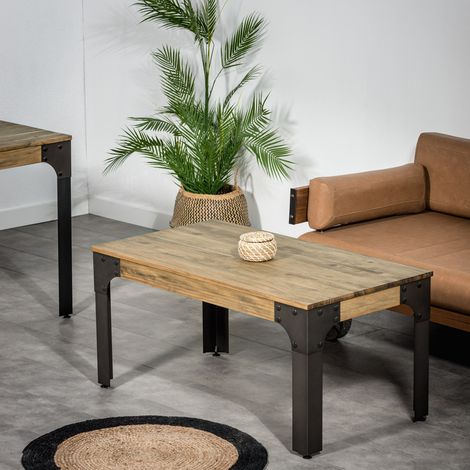 Mesa de centro Boston 110x70x46cm estilo industrial en madera de pino envejecida y acero negro BoxFurniture