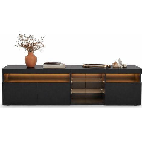 Mobile TV moderno nero con pannello lucido, vetro laminato e LED a colori variabili, 180 cm, 3 ante e ampia capienza per soggiorno e sala da pranzo CHICFURN (1/5)