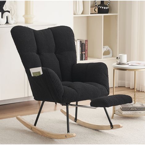 Sedia a dondolo 80x98x98.5 cm nera in Lammfell-Optik con poggiapiedi pieghevole (1/5)