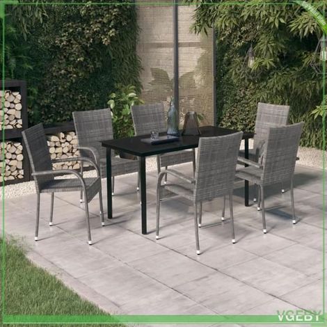 Ensemble à manger de jardin - FAFEICY - 3099392 - 7 pcs - Gris et noir - Acier enduit de poudre, résine tressée (1/5)
